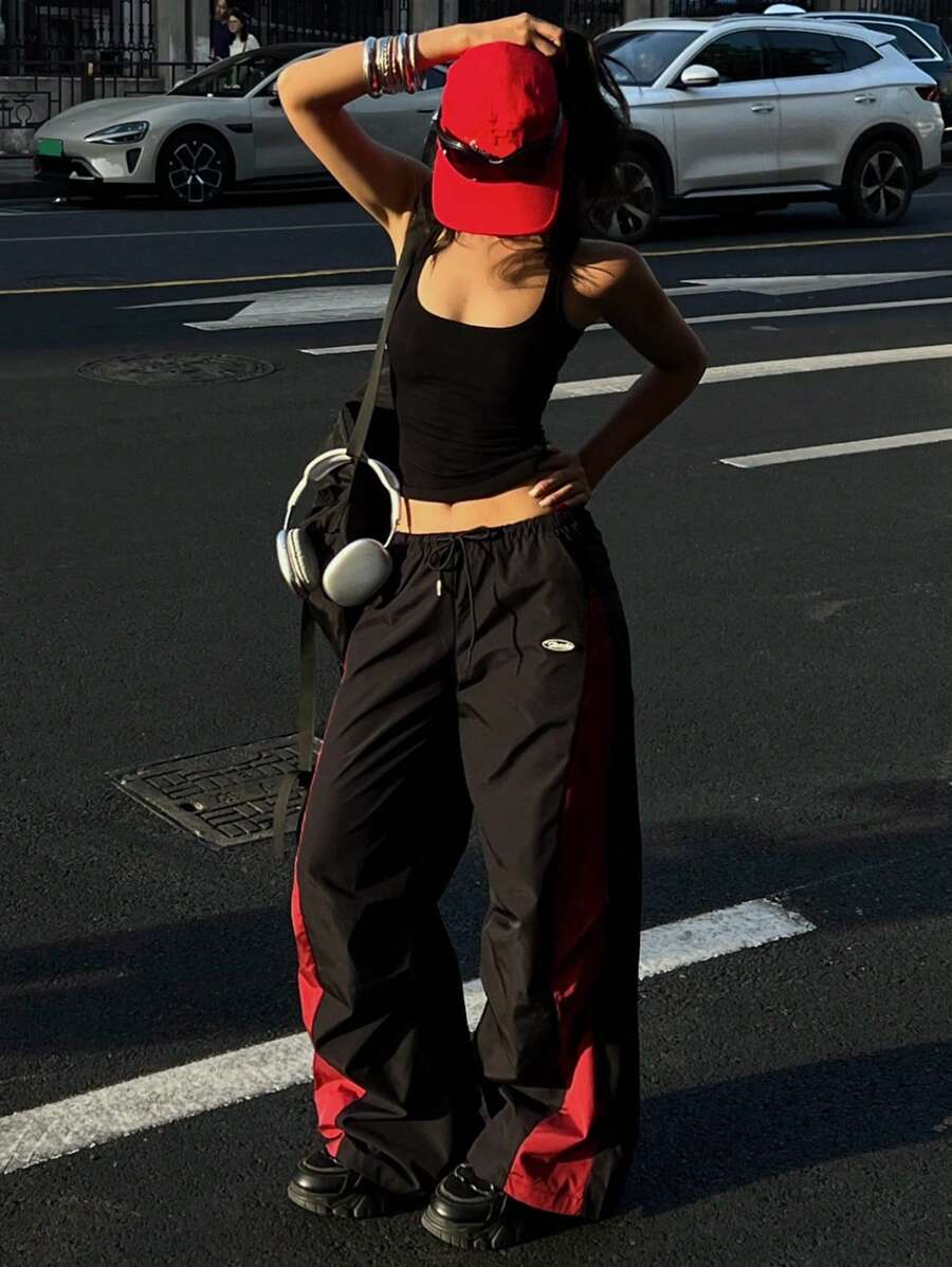 Women's Color-Blocked Baggy Parachute Pants