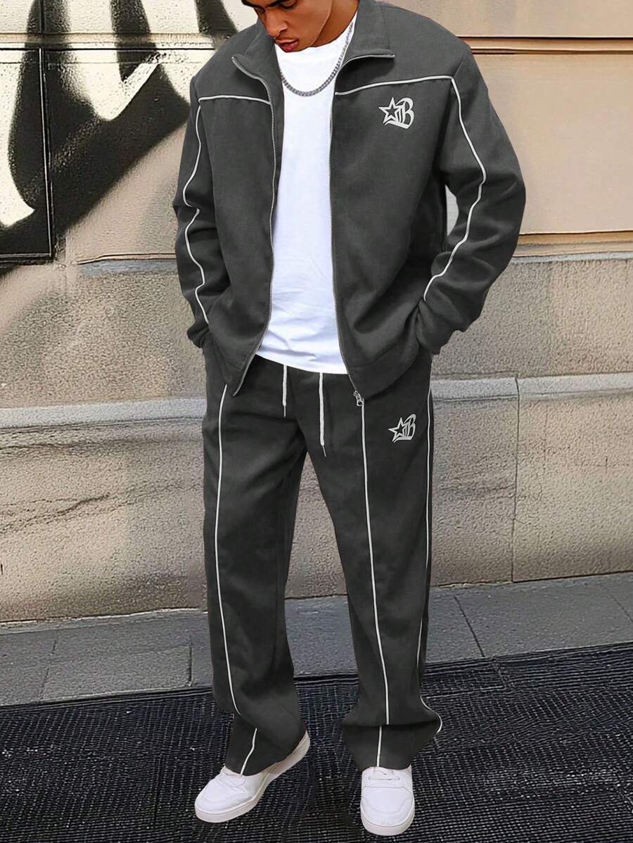 Men's 2pc Zip-Up Jacket And Drawstring Waist Long Pants Set