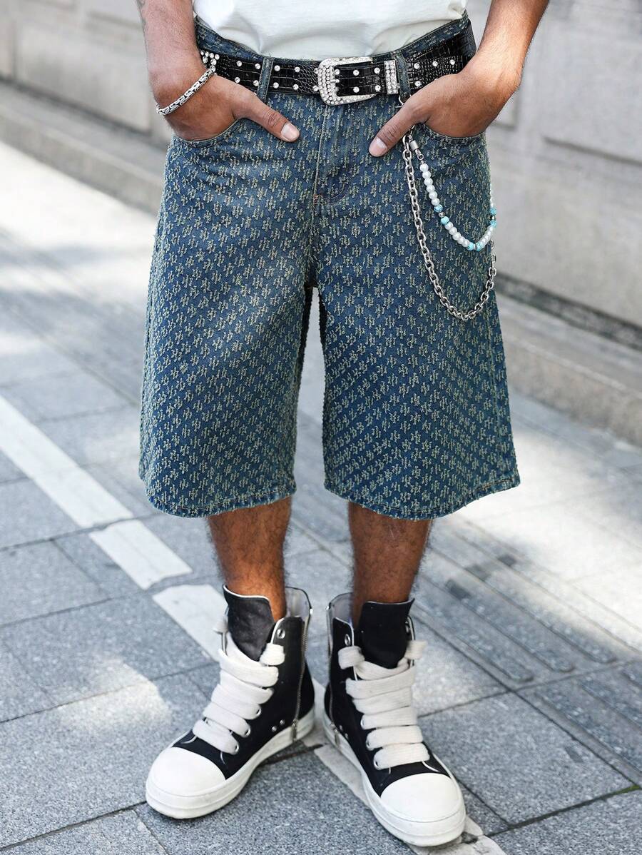 Men's Faded Light Blue Washed Loose Fit Vintage Casual Denim Jorts