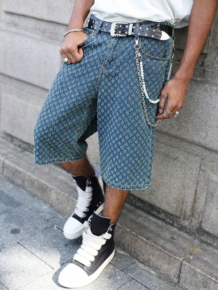 Men's Faded Light Blue Washed Loose Fit Vintage Casual Denim Jorts