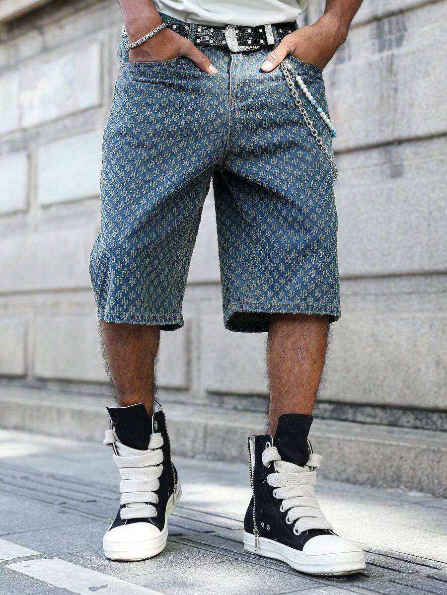 Men's Faded Light Blue Washed Loose Fit Vintage Casual Denim Jorts