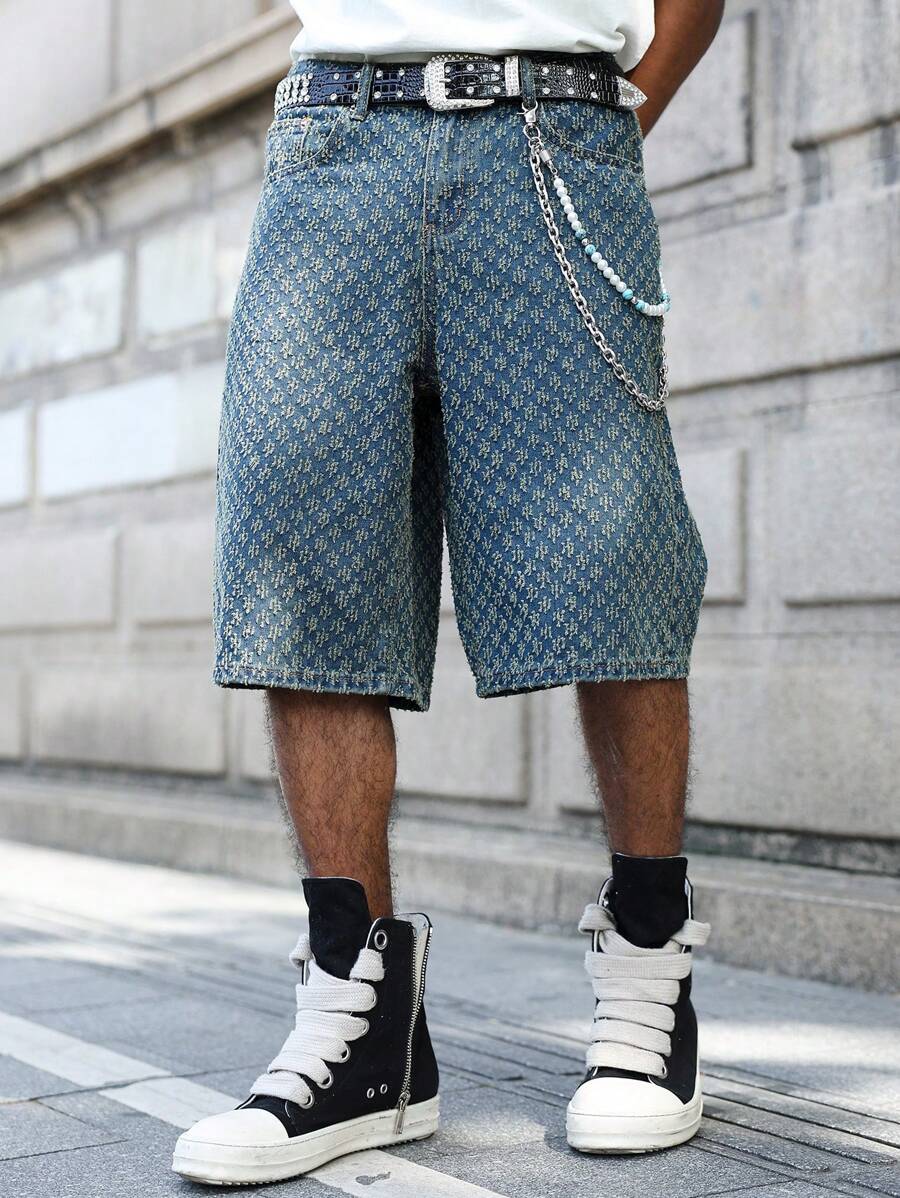 Men's Faded Light Blue Washed Loose Fit Vintage Casual Denim Jorts