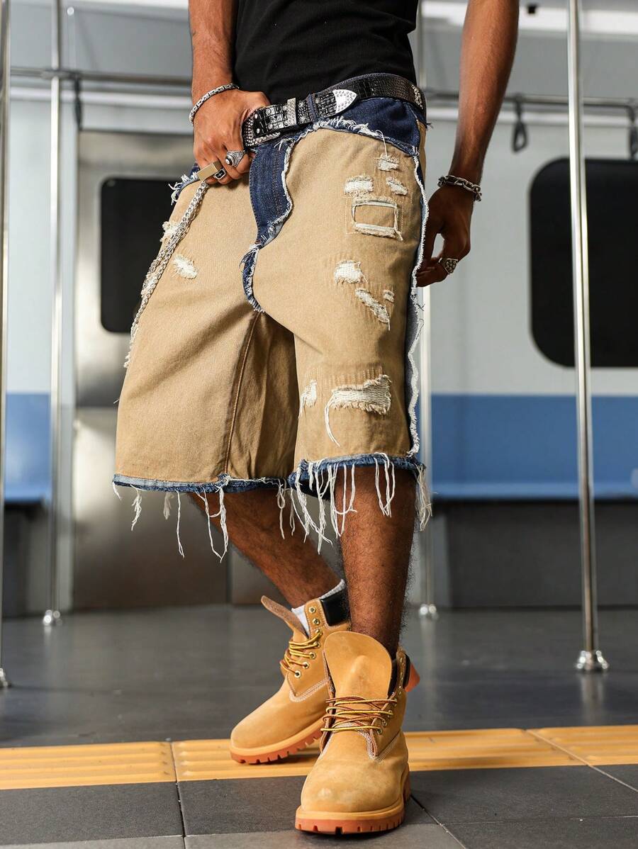 Men's Contrast Color Fringe Casual Denim Shorts