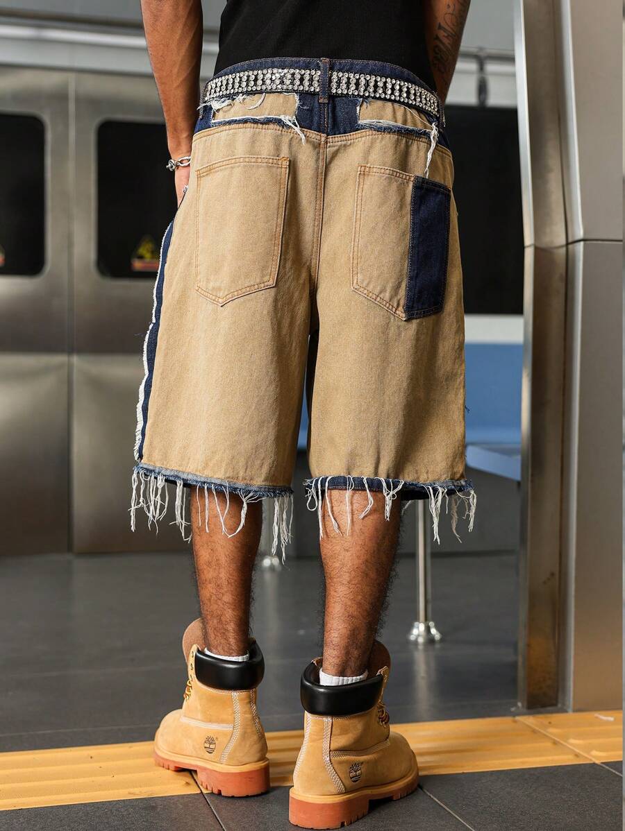 Men's Contrast Color Fringe Casual Denim Shorts
