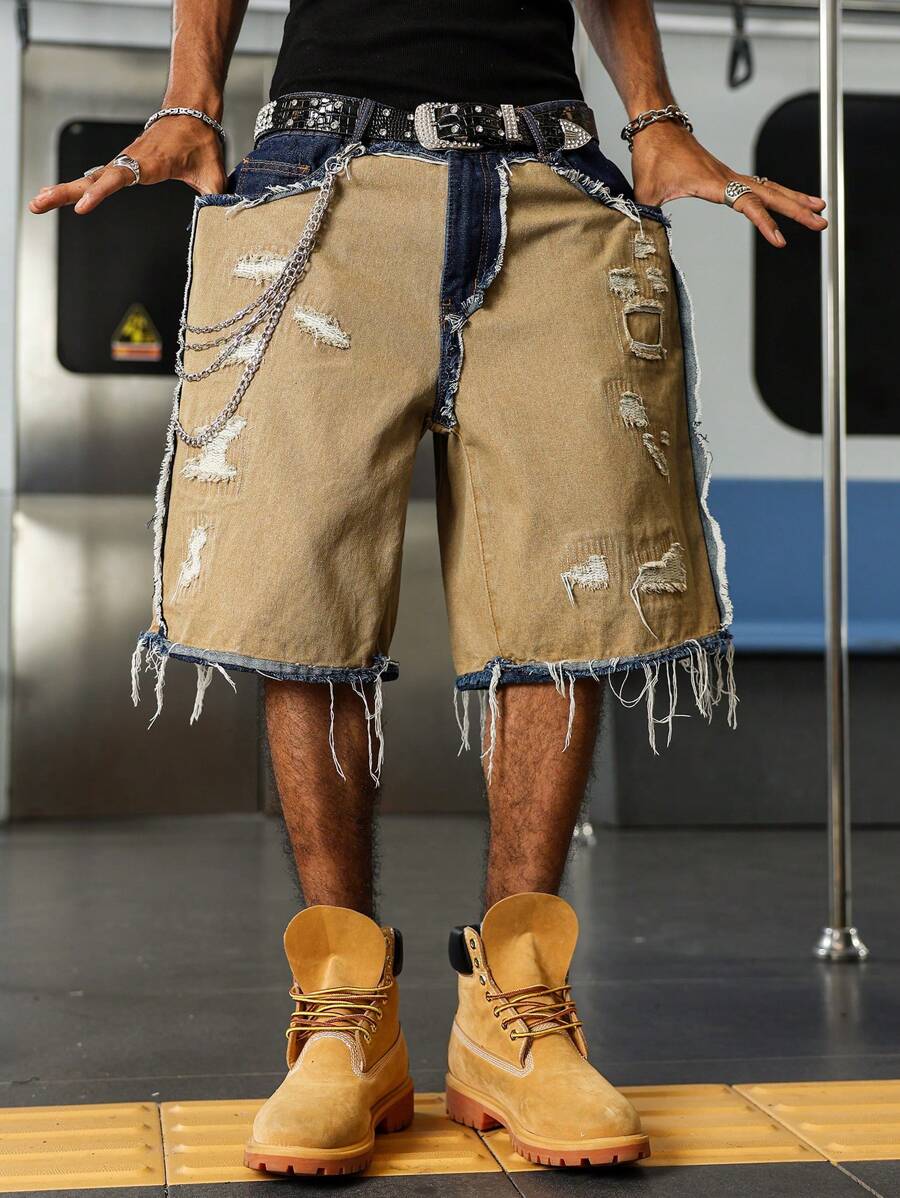 Men's Contrast Color Fringe Casual Denim Shorts