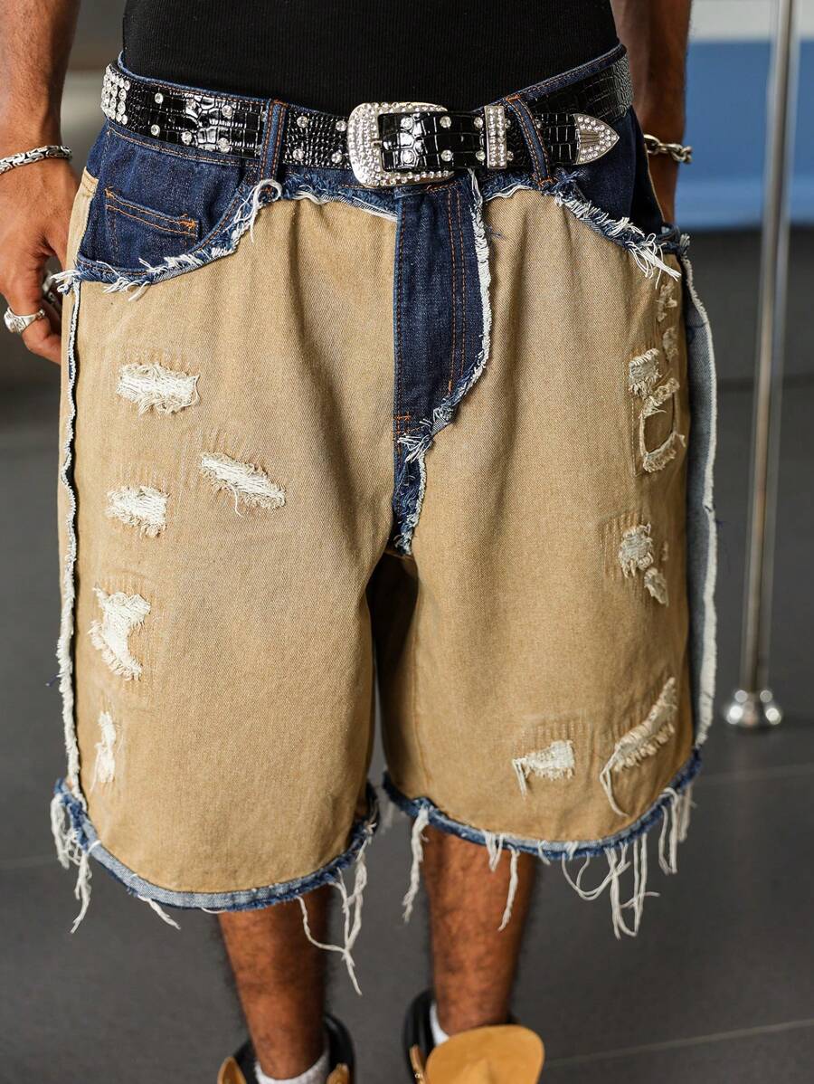 Men's Contrast Color Fringe Casual Denim Shorts