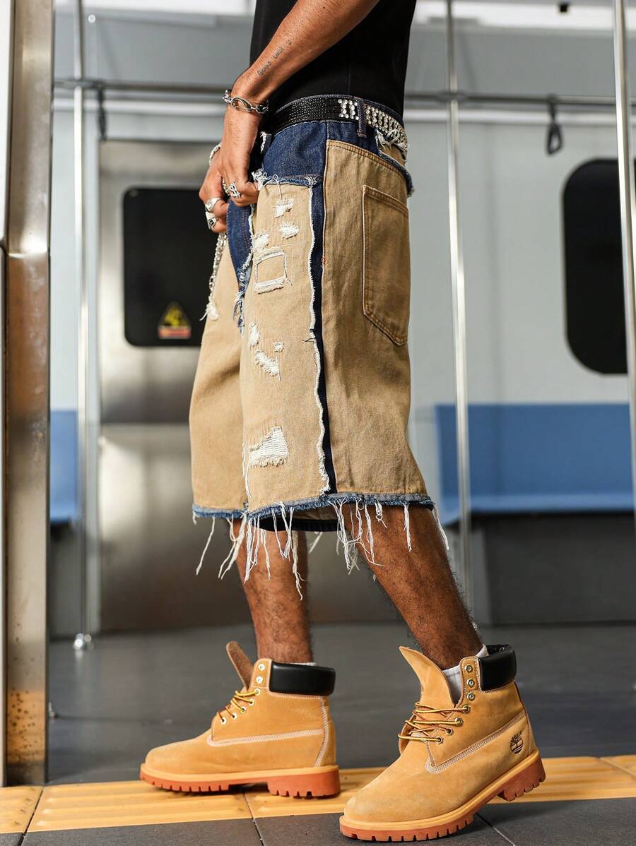 Men's Contrast Color Fringe Casual Denim Shorts