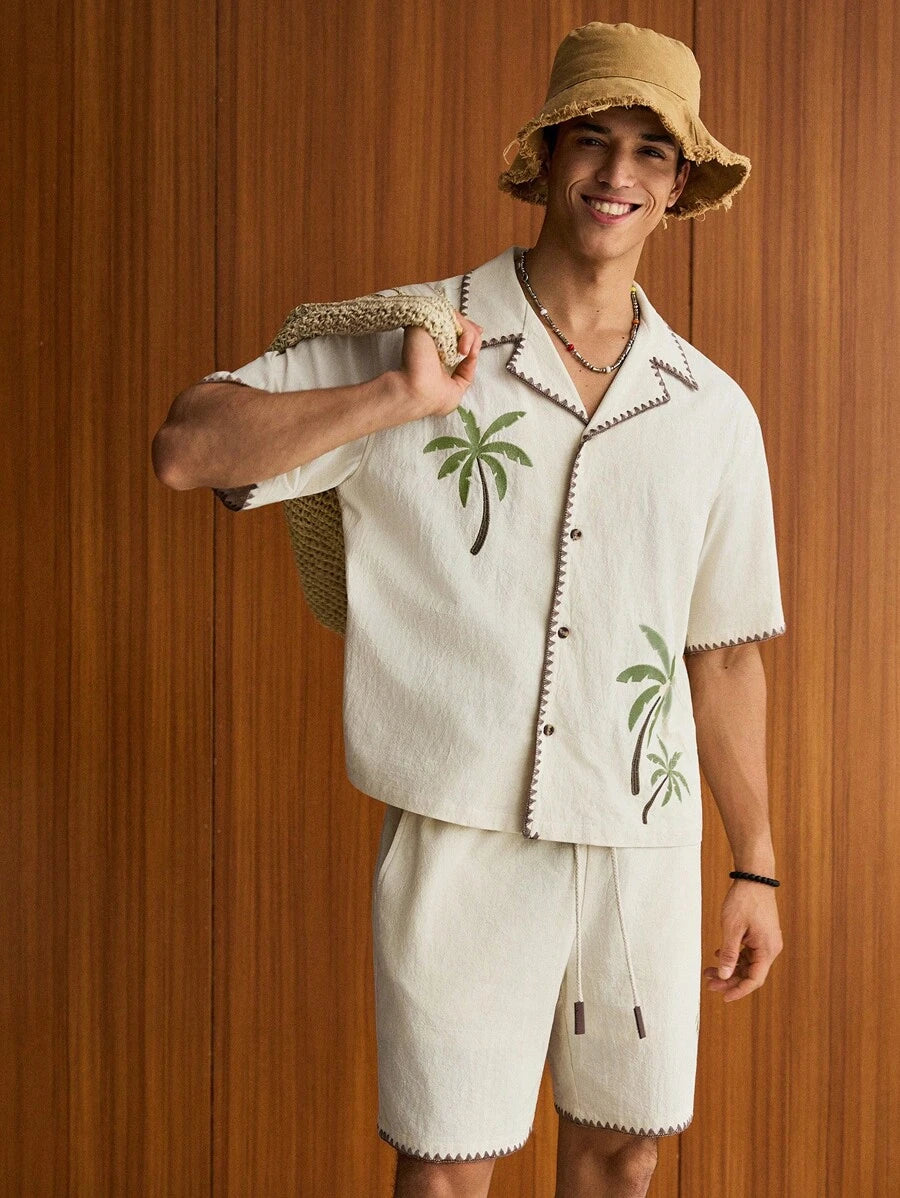 2pcs Men Casual Loose Fit Short Sleeve Shirt And Shorts Set