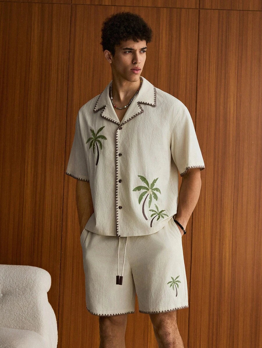 2pcs Men Casual Loose Fit Short Sleeve Shirt And Shorts Set