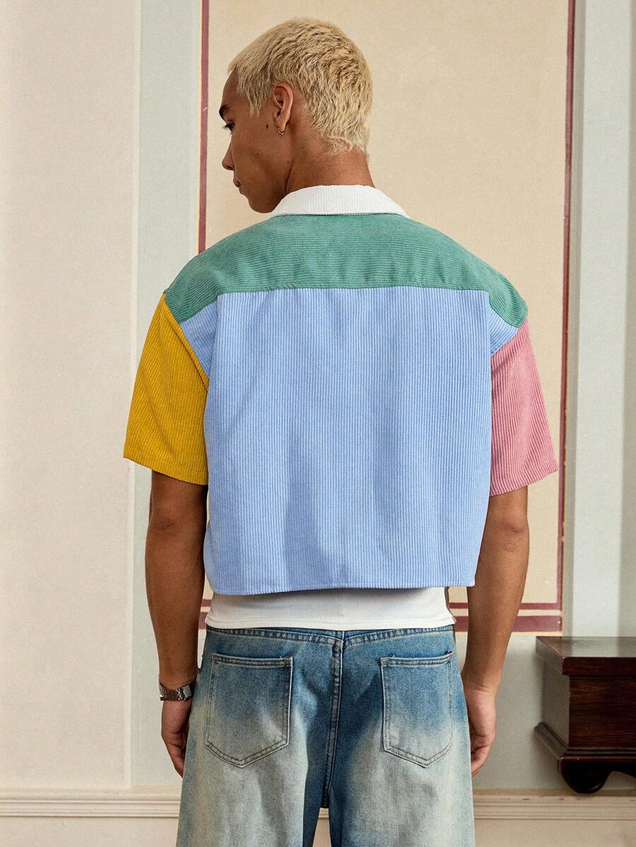 Men's Corduroy Patchwork Short Sleeve Shirt