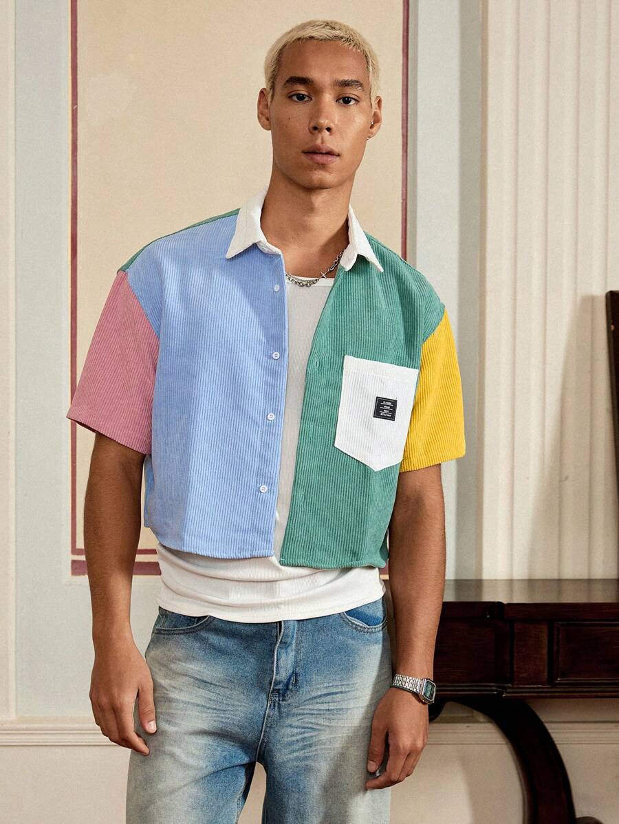 Men's Corduroy Patchwork Short Sleeve Shirt