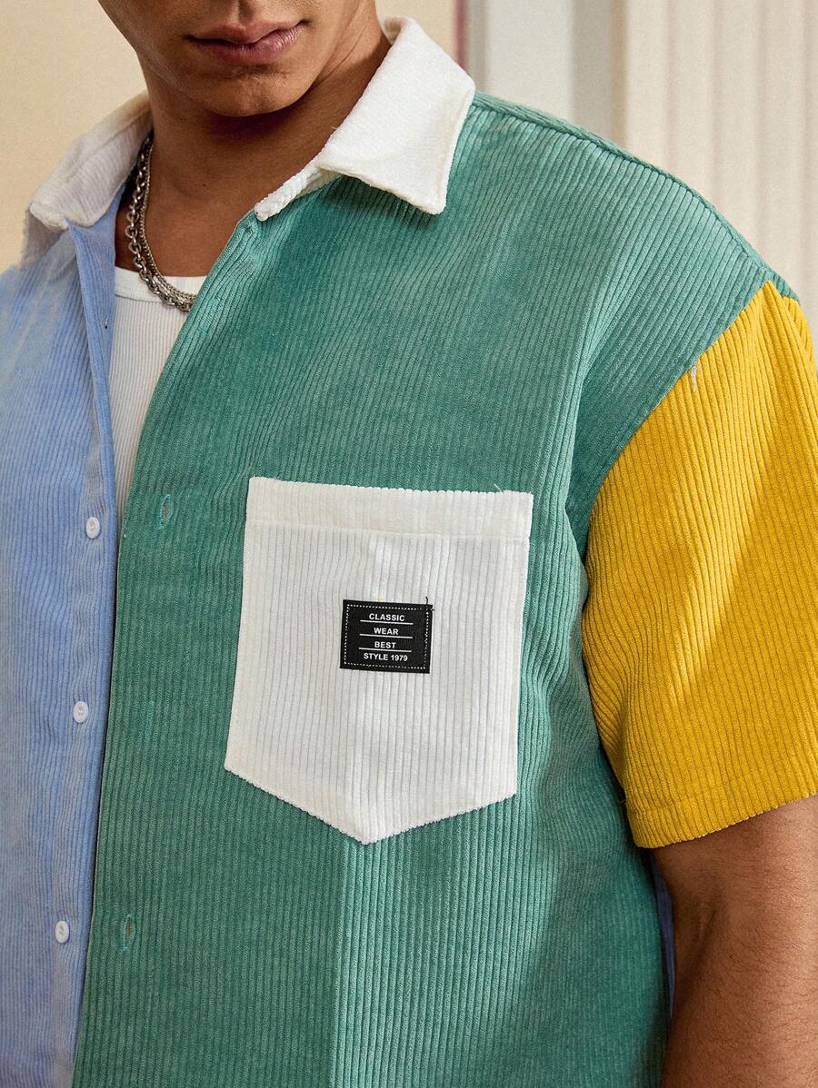Men's Corduroy Patchwork Short Sleeve Shirt