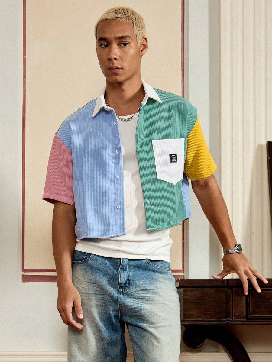 Men's Corduroy Patchwork Short Sleeve Shirt