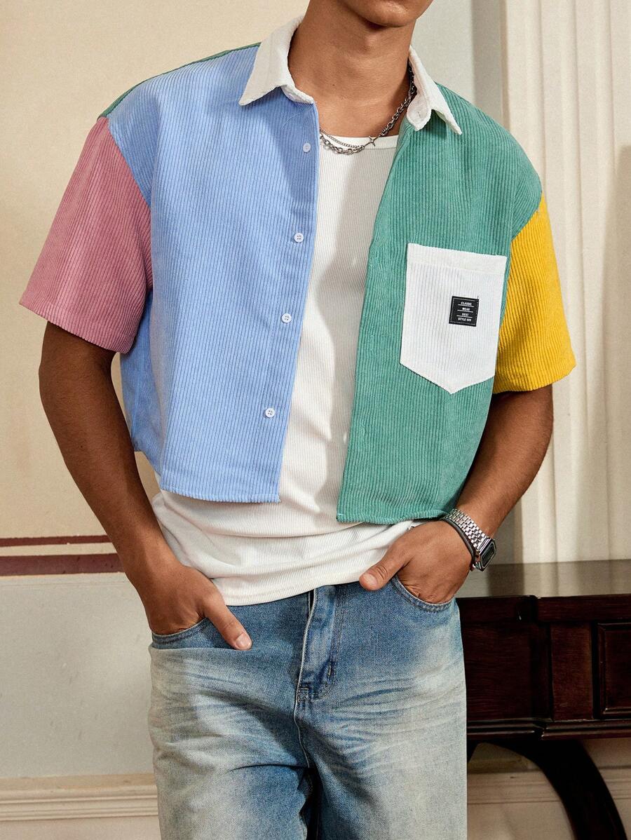Men's Corduroy Patchwork Short Sleeve Shirt