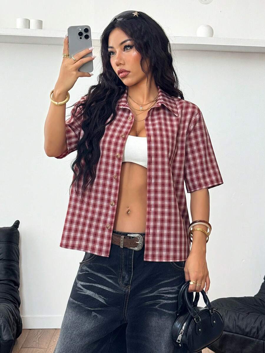 Women Crooped Zip Pocket Short Sleeve Shirt