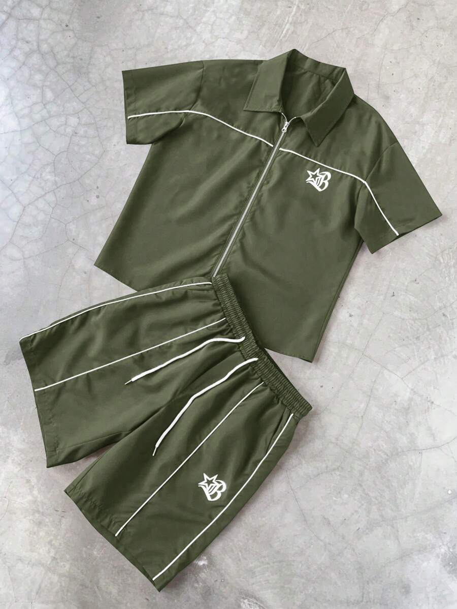 Men's 2pcs Zipper Short Sleeve Shirt And Drawstring Shorts Set