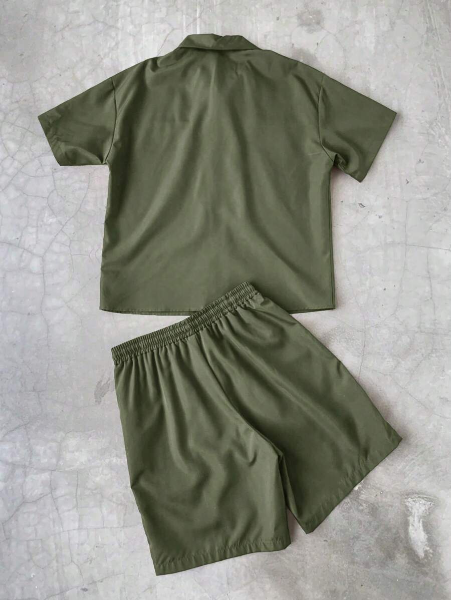 Men's 2pcs Zipper Short Sleeve Shirt And Drawstring Shorts Set