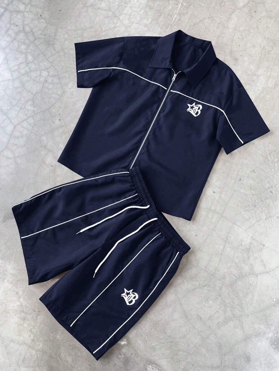 Men's 2pcs Zipper Short Sleeve Shirt And Drawstring Shorts Set