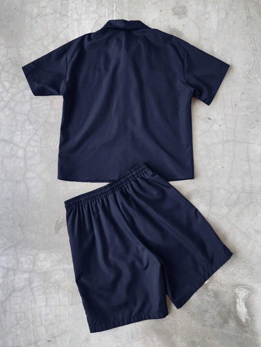 Men's 2pcs Zipper Short Sleeve Shirt And Drawstring Shorts Set