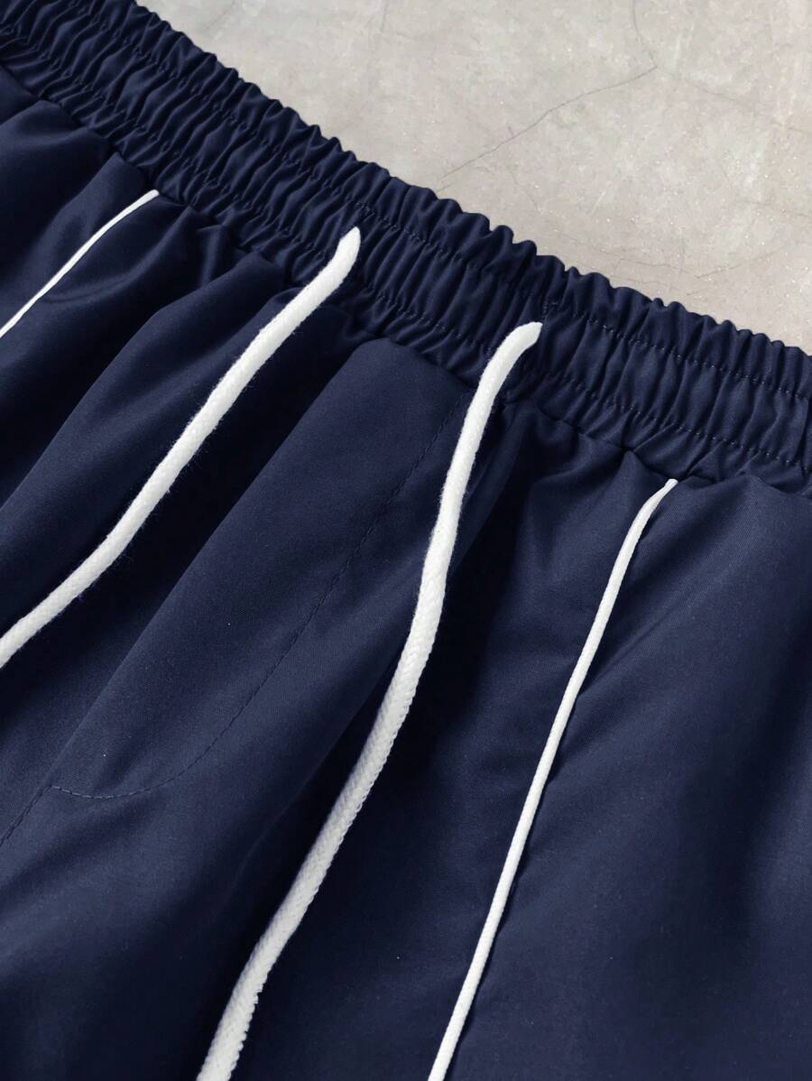 Men's 2pcs Zipper Short Sleeve Shirt And Drawstring Shorts Set