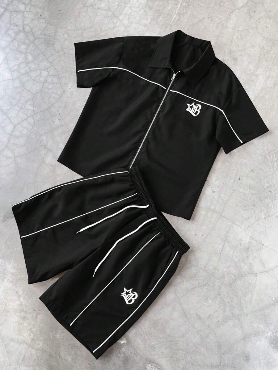 Men's 2pcs Zipper Short Sleeve Shirt And Drawstring Shorts Set