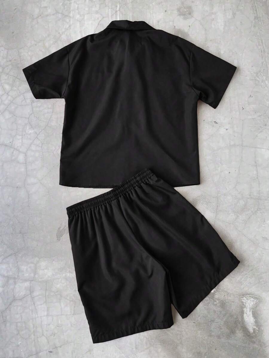 Men's 2pcs Zipper Short Sleeve Shirt And Drawstring Shorts Set