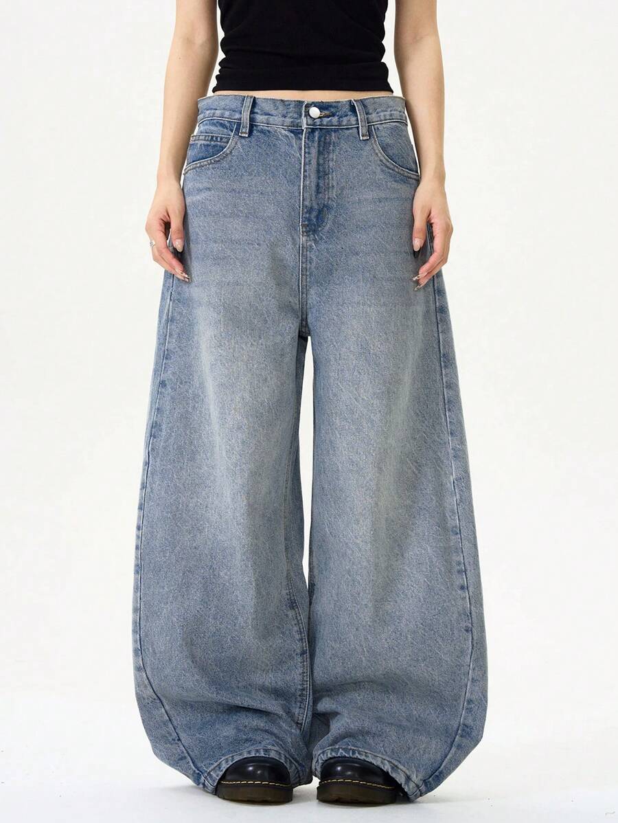 Loose Fit Washed Denim Casual Loose Pants