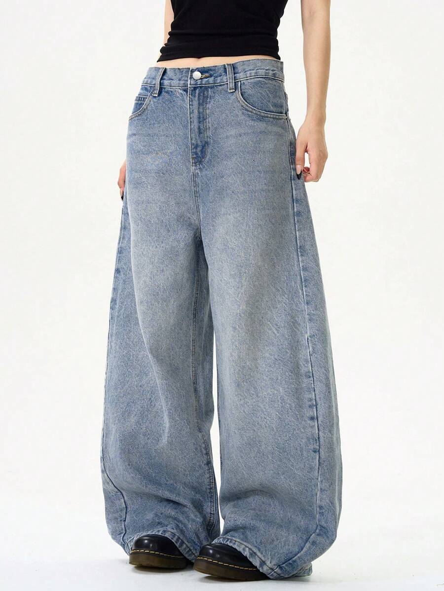Loose Fit Washed Denim Casual Loose Pants