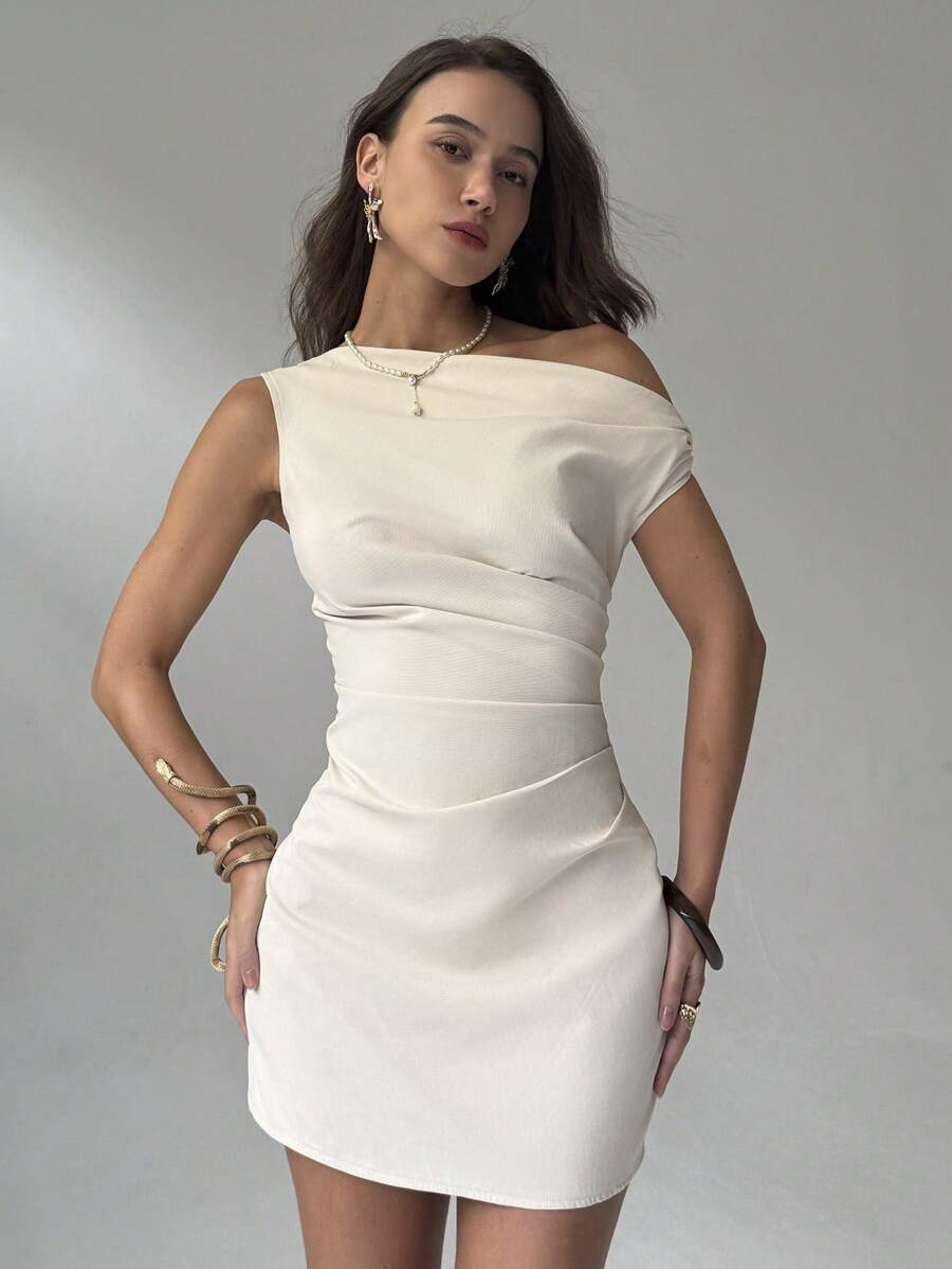 Asymmetrical-Shoulder Design Pleated Waist Bodycon Dress