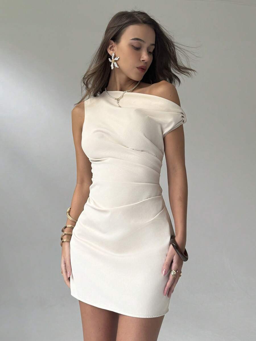 Asymmetrical-Shoulder Design Pleated Waist Bodycon Dress