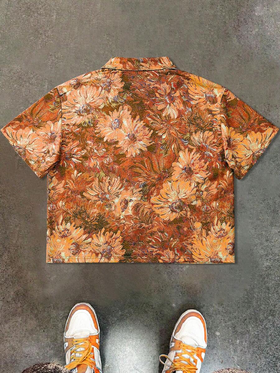 Men's Oil Painting Sunflower Print Pegasus Print Zip-Up Shirt ,