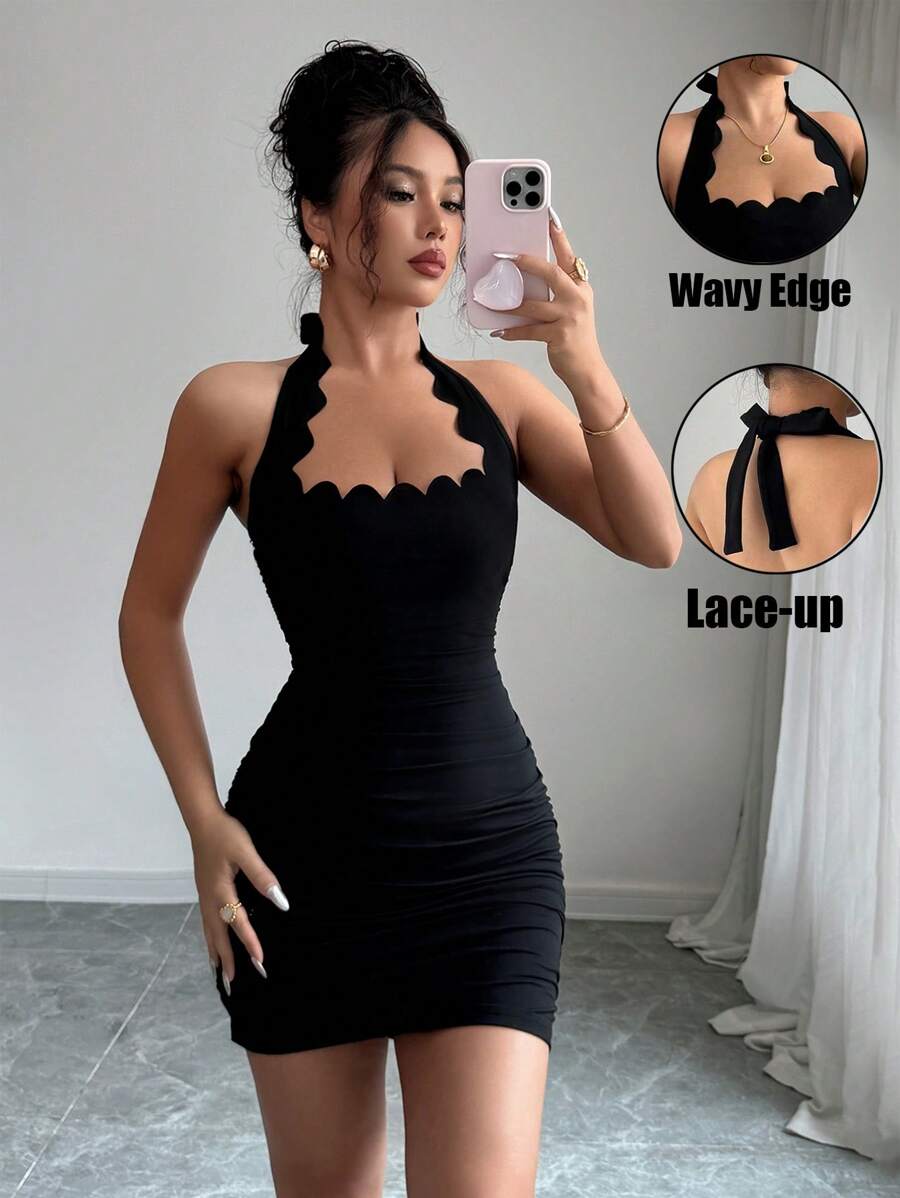 Halter Tie Ruffle Edge Square Neck Bodycon Pleated Mini Dress
