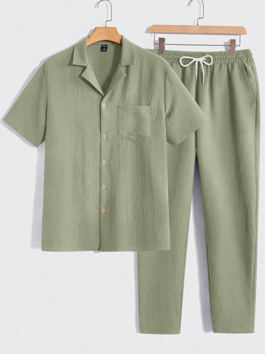 Men Short Sleeve Shirt And Pants Casual Summer Two-Piece Set