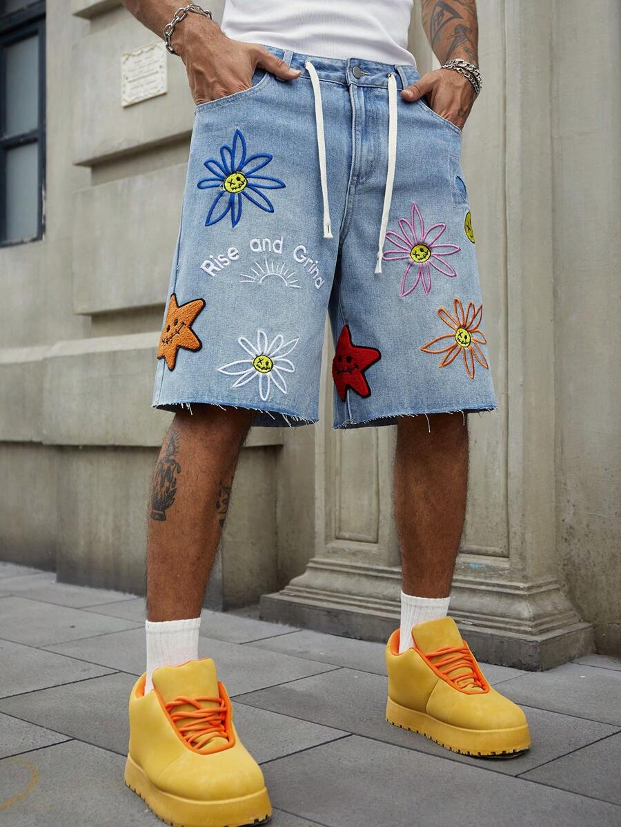 Men's Summer Casual Floral Embroidery Denim Shorts