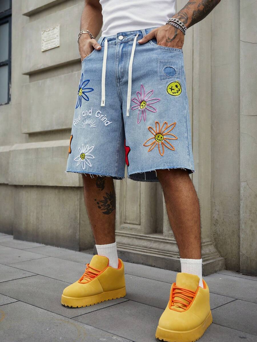 Men's Summer Casual Floral Embroidery Denim Shorts