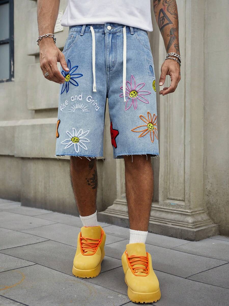 Men's Summer Casual Floral Embroidery Denim Shorts