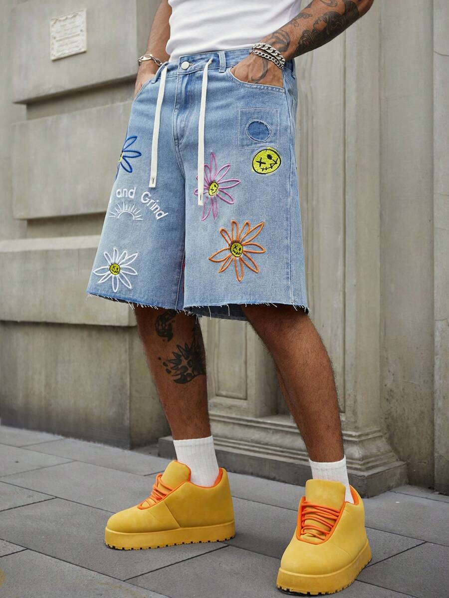 Men's Summer Casual Floral Embroidery Denim Shorts