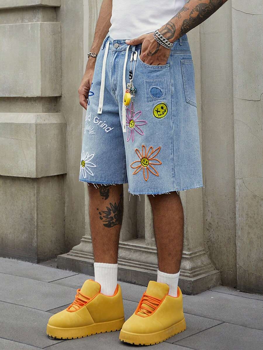 Men's Summer Casual Floral Embroidery Denim Shorts