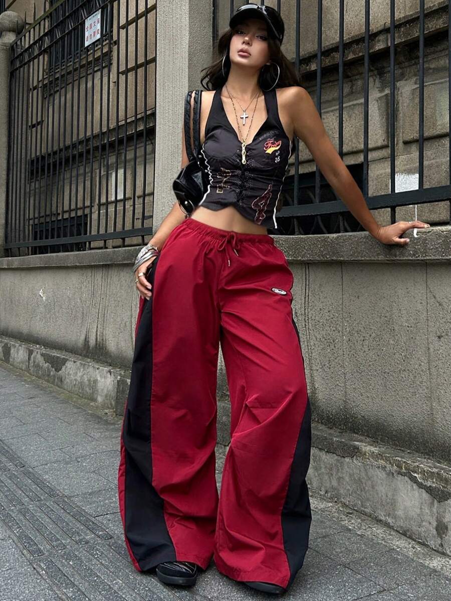 Women's Color-Blocked Baggy Parachute Pants