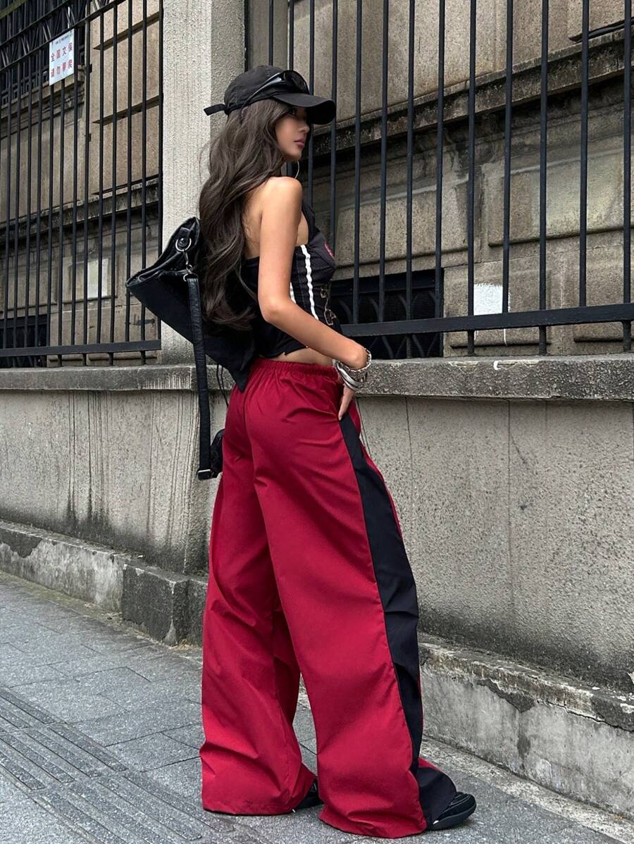 Women's Streetwear Color-Blocked Parachute Pants