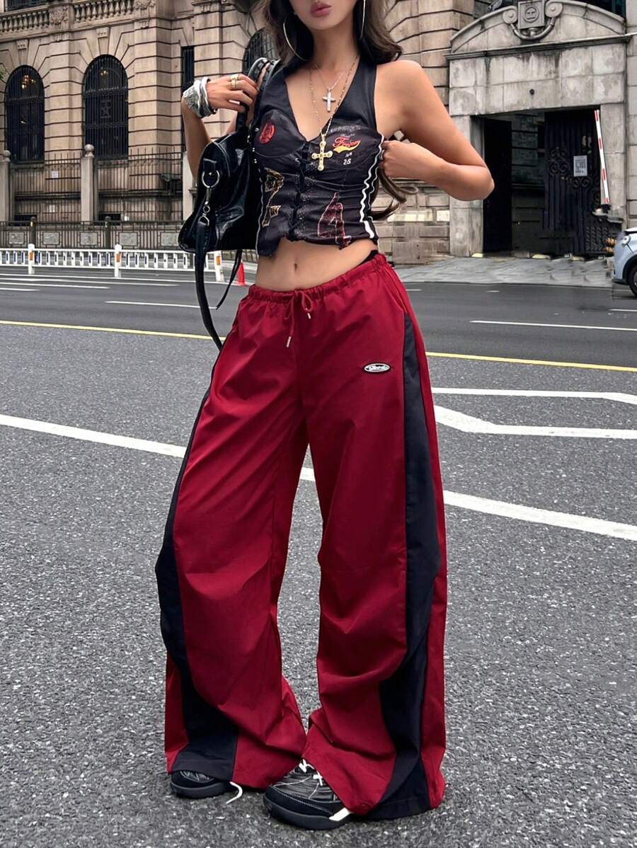 Women's Streetwear Color-Blocked Parachute Pants