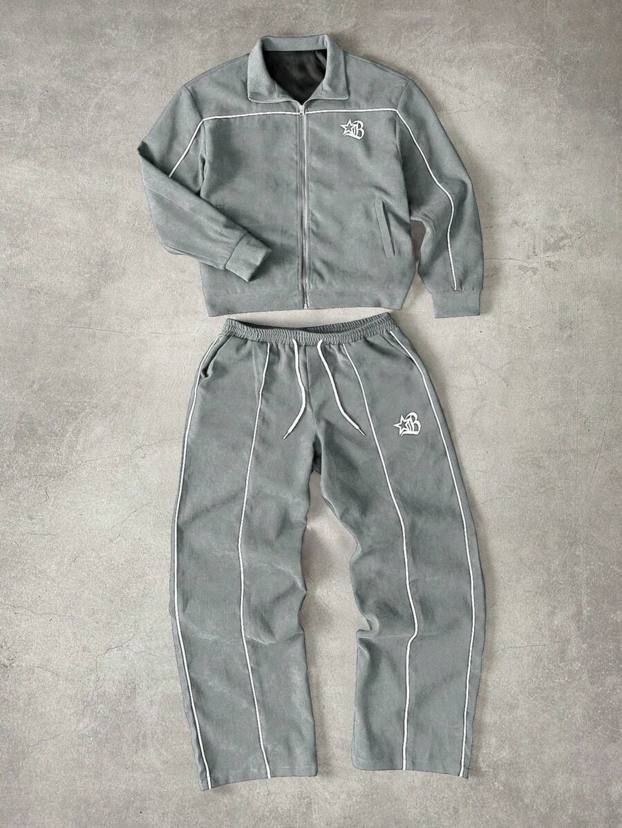 Men's 2pc Zip-Up Jacket And Drawstring Waist Long Pants Set