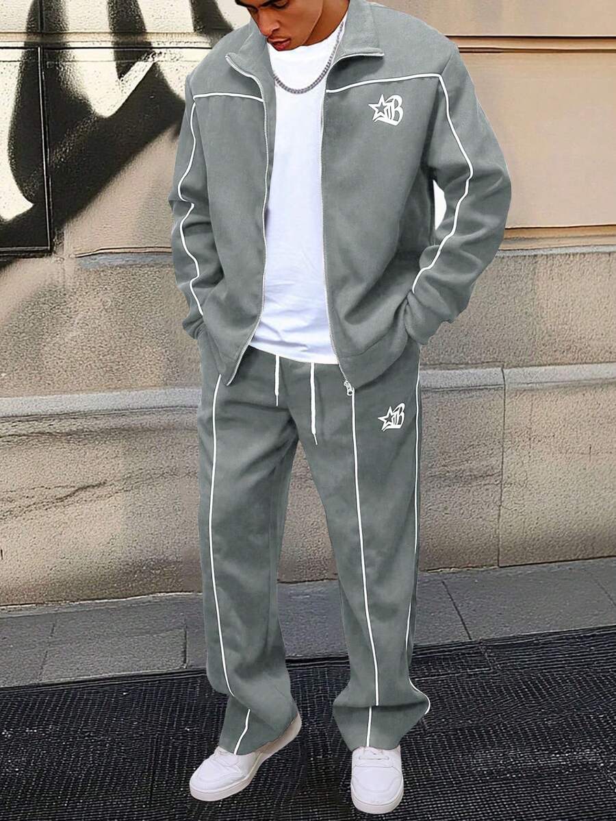 Men's 2pc Zip-Up Jacket And Drawstring Waist Long Pants Set