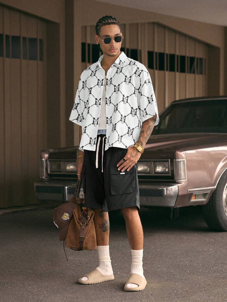 Men's Printed Polo Collar Loose Fit Short Sleeve Shirt With Tie Waist And Shorts Set