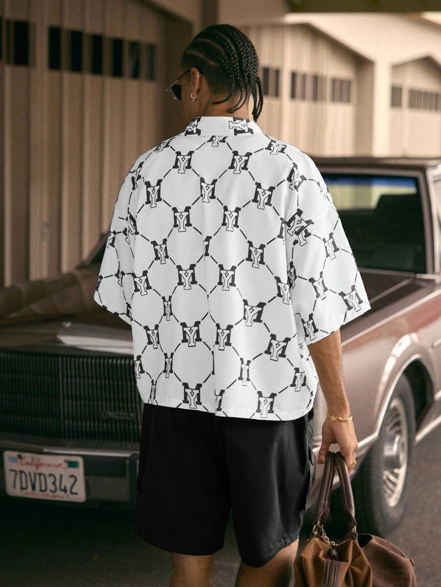 Men's Printed Polo Collar Loose Fit Short Sleeve Shirt With Tie Waist And Shorts Set