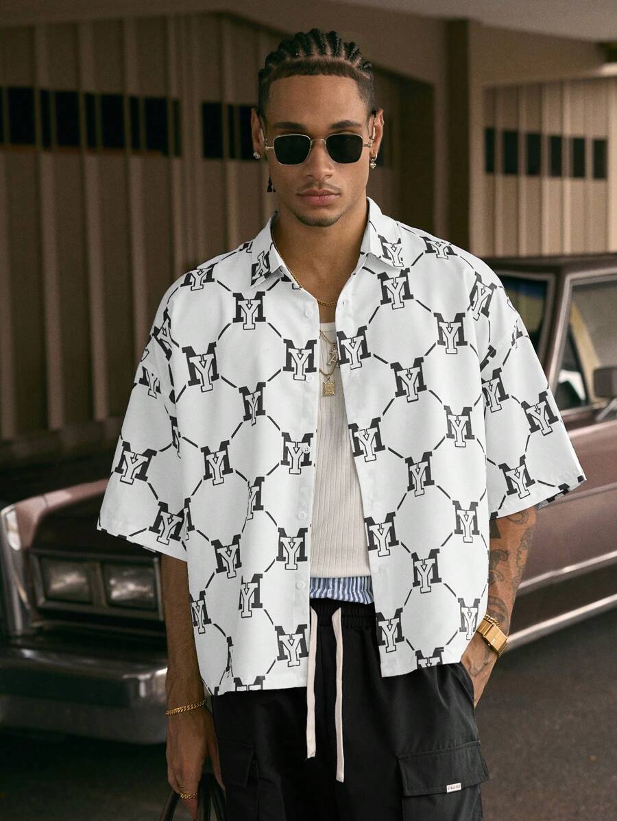 Men's Printed Polo Collar Loose Fit Short Sleeve Shirt With Tie Waist And Shorts Set