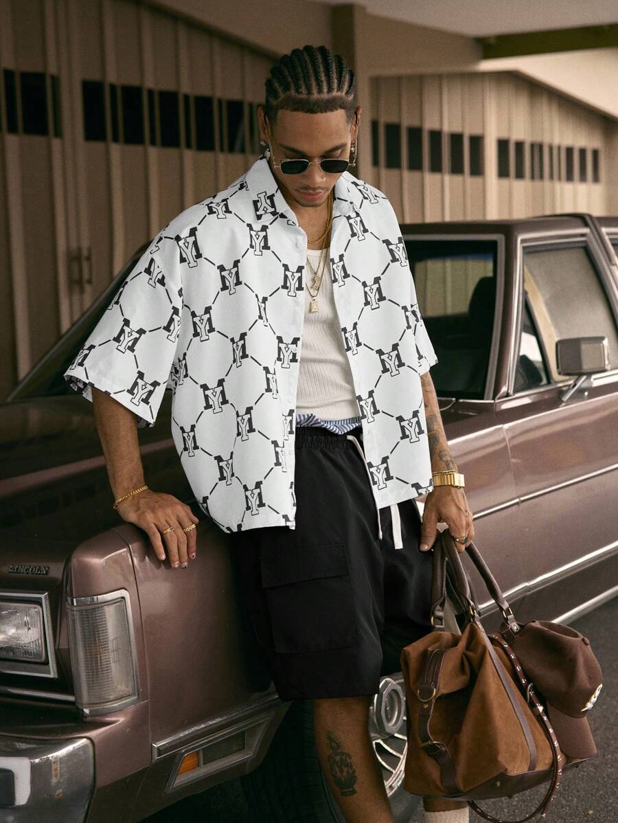 Men's Printed Polo Collar Loose Fit Short Sleeve Shirt With Tie Waist And Shorts Set