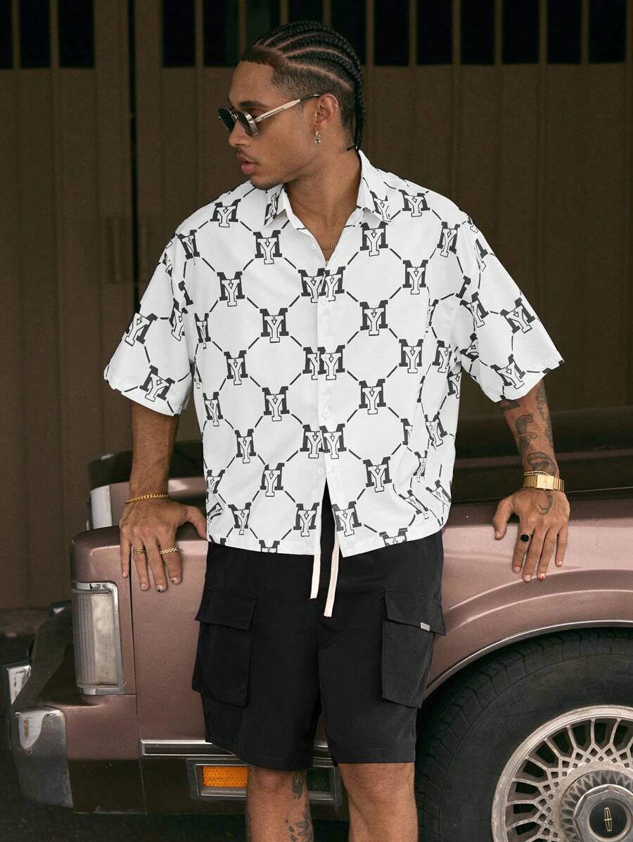 Men's Printed Polo Collar Loose Fit Short Sleeve Shirt With Tie Waist And Shorts Set