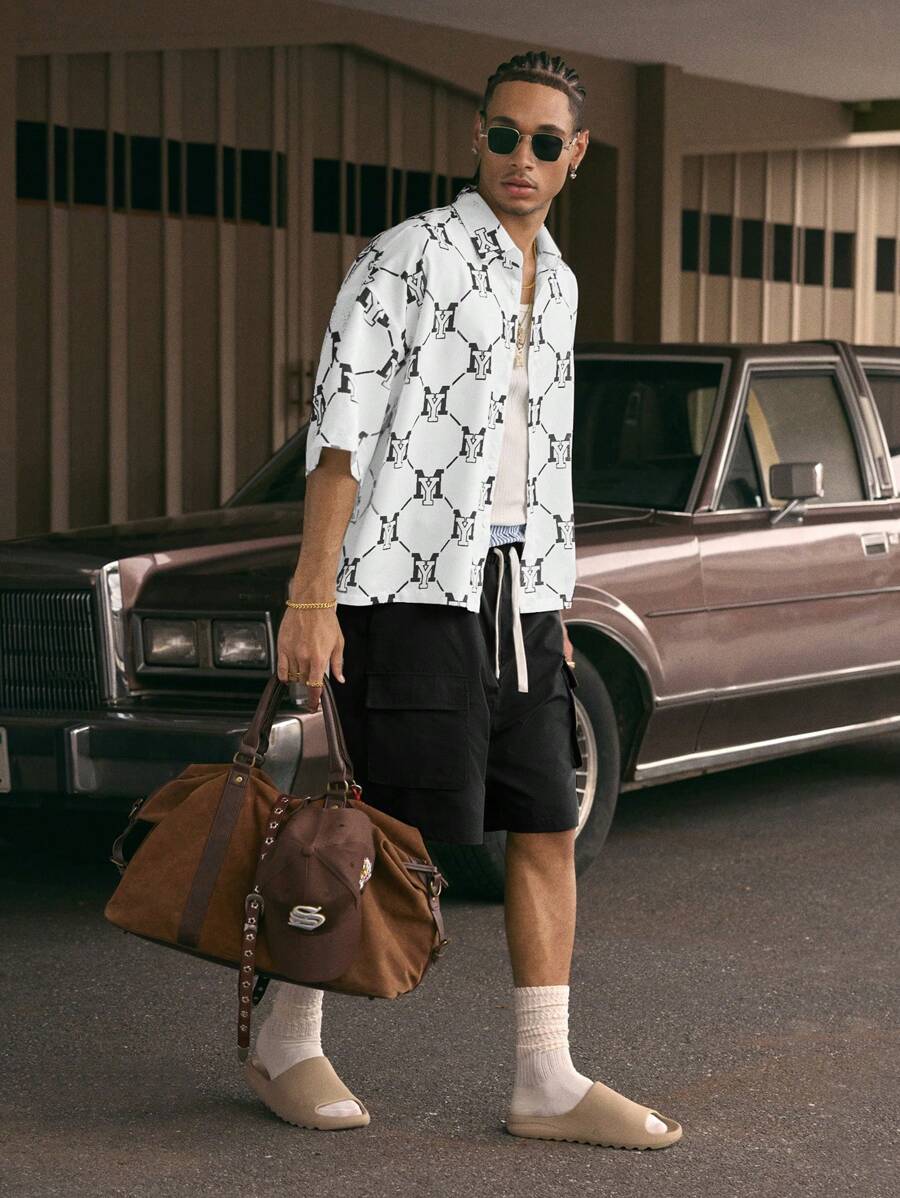 Men's Printed Polo Collar Loose Fit Short Sleeve Shirt With Tie Waist And Shorts Set