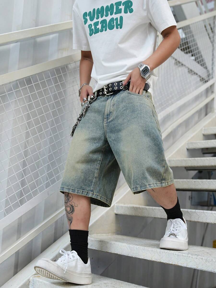 Men's Light Wash Ripped Denim Bermuda Shorts With Floral Retro Design